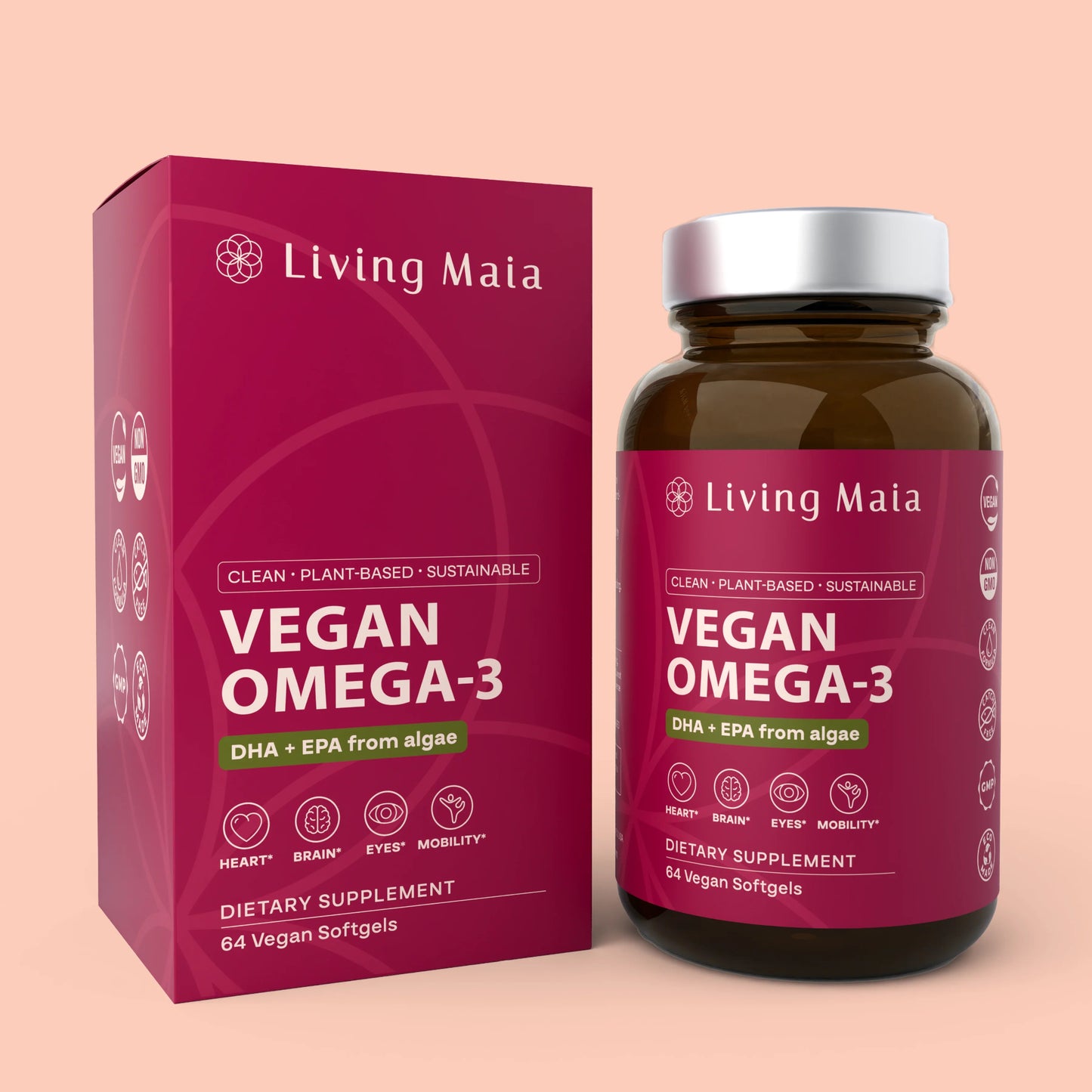 Vegan Omega-3 Softgels | DHA + EPA from Algae | 1 Bottle (64 Softgels)