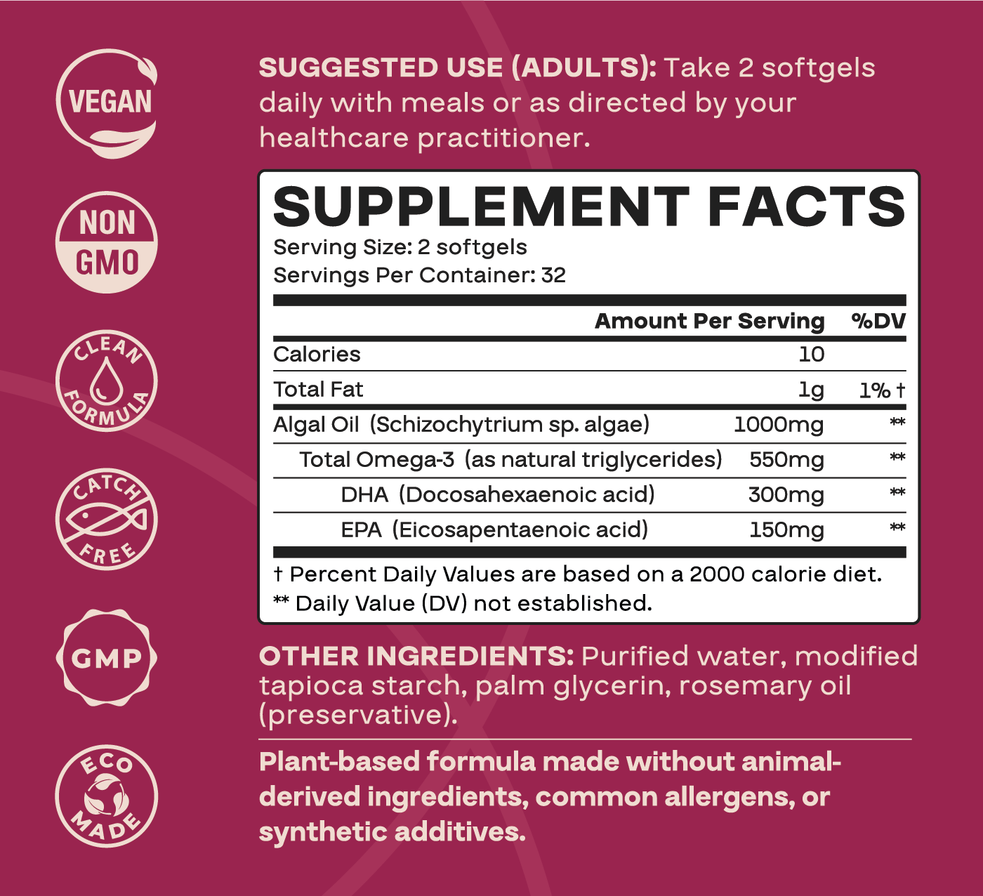 Vegan Omega-3 Softgels | DHA + EPA from Algae | 1 Bottle (64 Softgels)