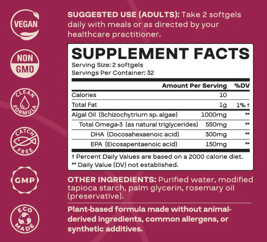 Living Maia Vegan Omega-3 supplement facts label showing algal oil, DHA and EPA content and ingredients