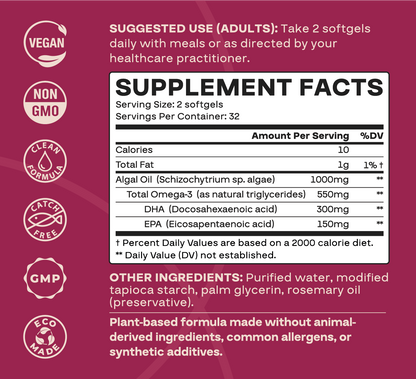 Vegan Omega-3 Softgels | DHA + EPA from Algae | 1 Bottle (64 Softgels)