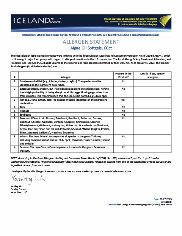 Allergen statement confirming Living Maia omega-3 supplement is free from major allergens