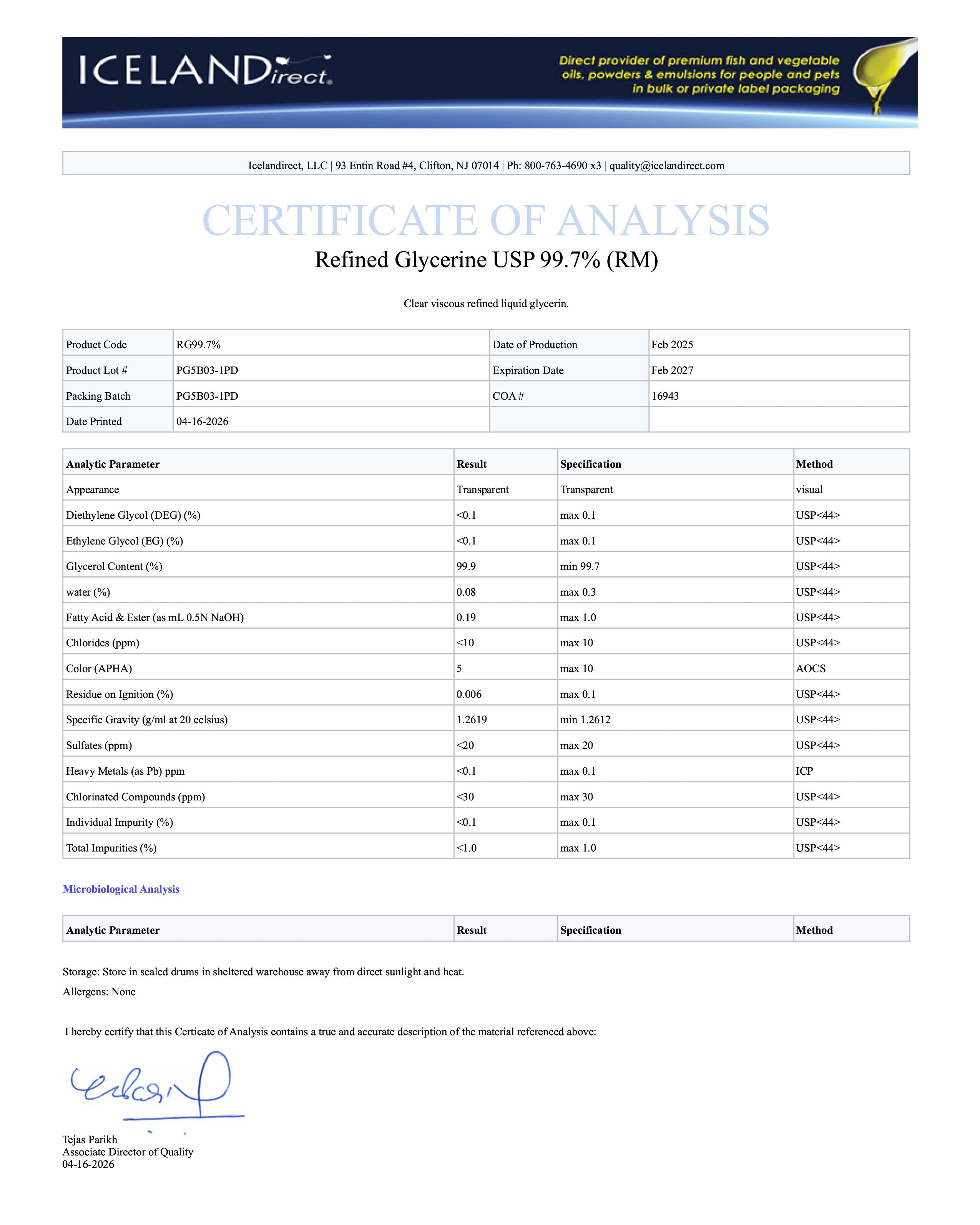 Certificate of Analysis (COA) for USP-grade glycerin used in Living Maia products, tested by Icelandirect LLC