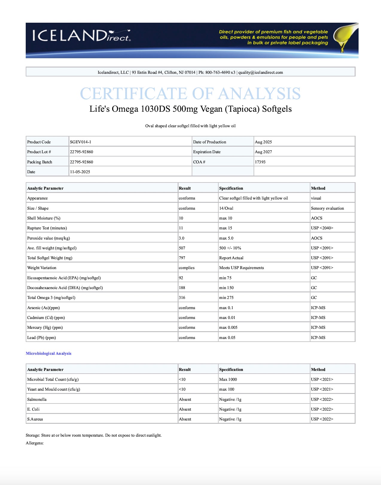 Certificate of Analysis for Living Maia vegan algal omega-3 supplement tested by Icelandirect LLC