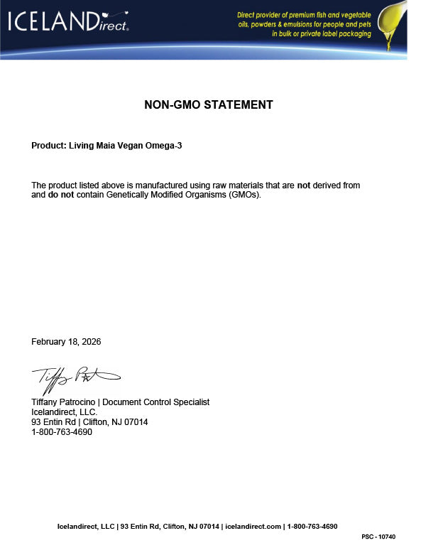 Non-GMO statement confirming Living Maia omega-3 supplement is free from genetically modified ingredients