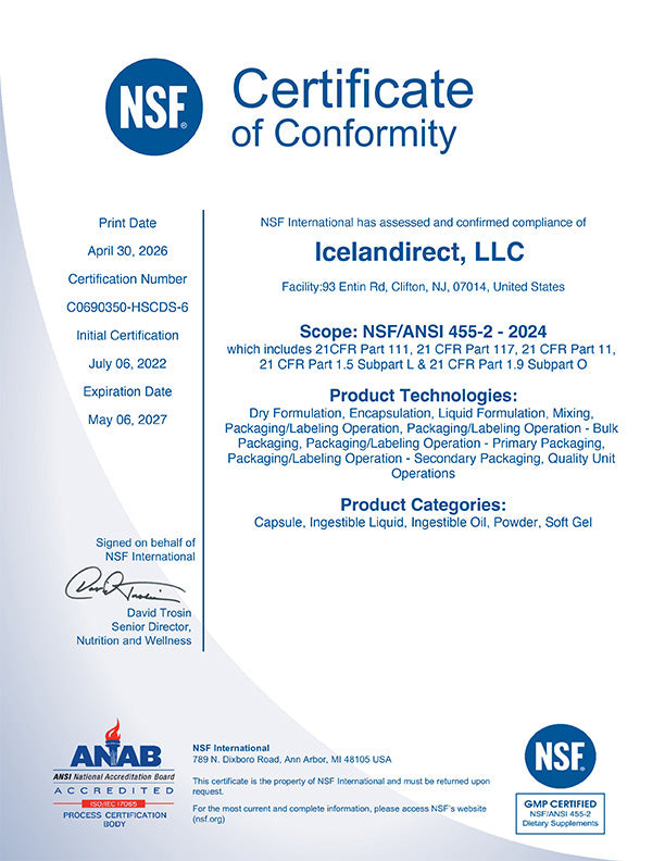 NSF GMP Certificate of Conformity for Living Maia products manufactured by Icelandirect LLC