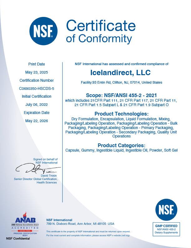 NSF GMP Certificate of Conformity for Living Maia products manufactured by Icelandirect LLC