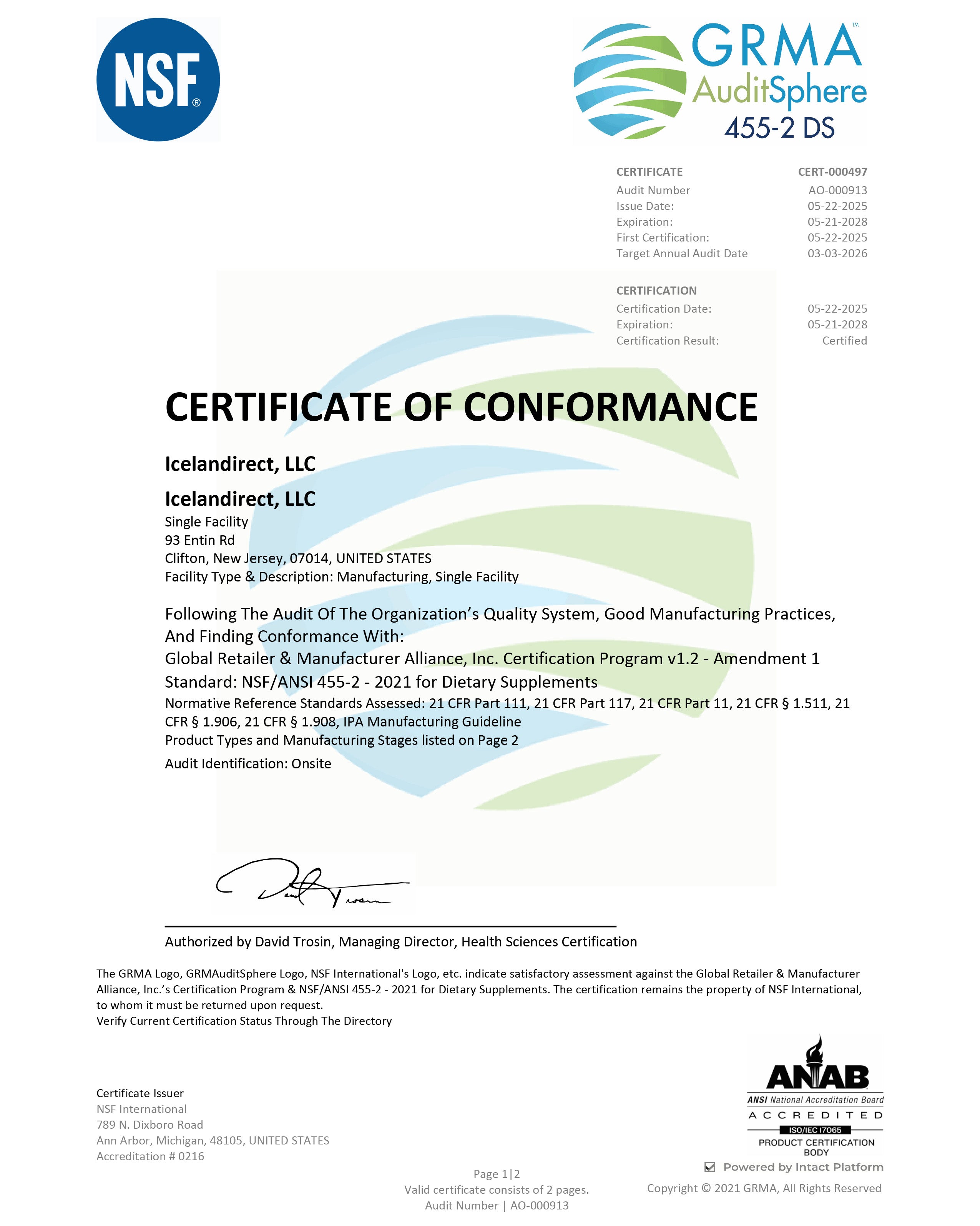 NSF/ANSI 455-2 (GRMA) certificate of conformance for Icelandirect facility manufacturing Living Maia products, valid through 2028, first page