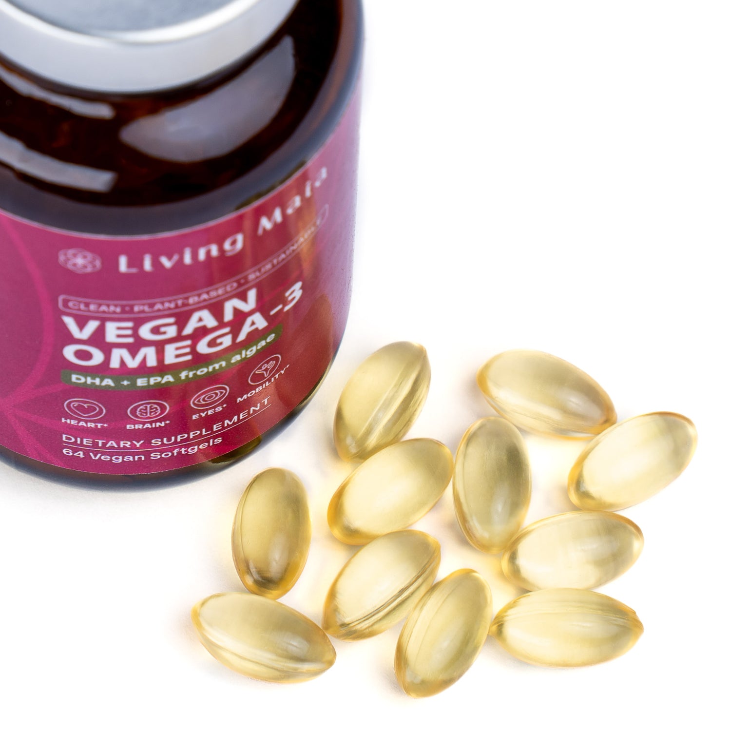 Living Maia Vegan Omega-3 algae softgel capsules with supplement bottle on white background