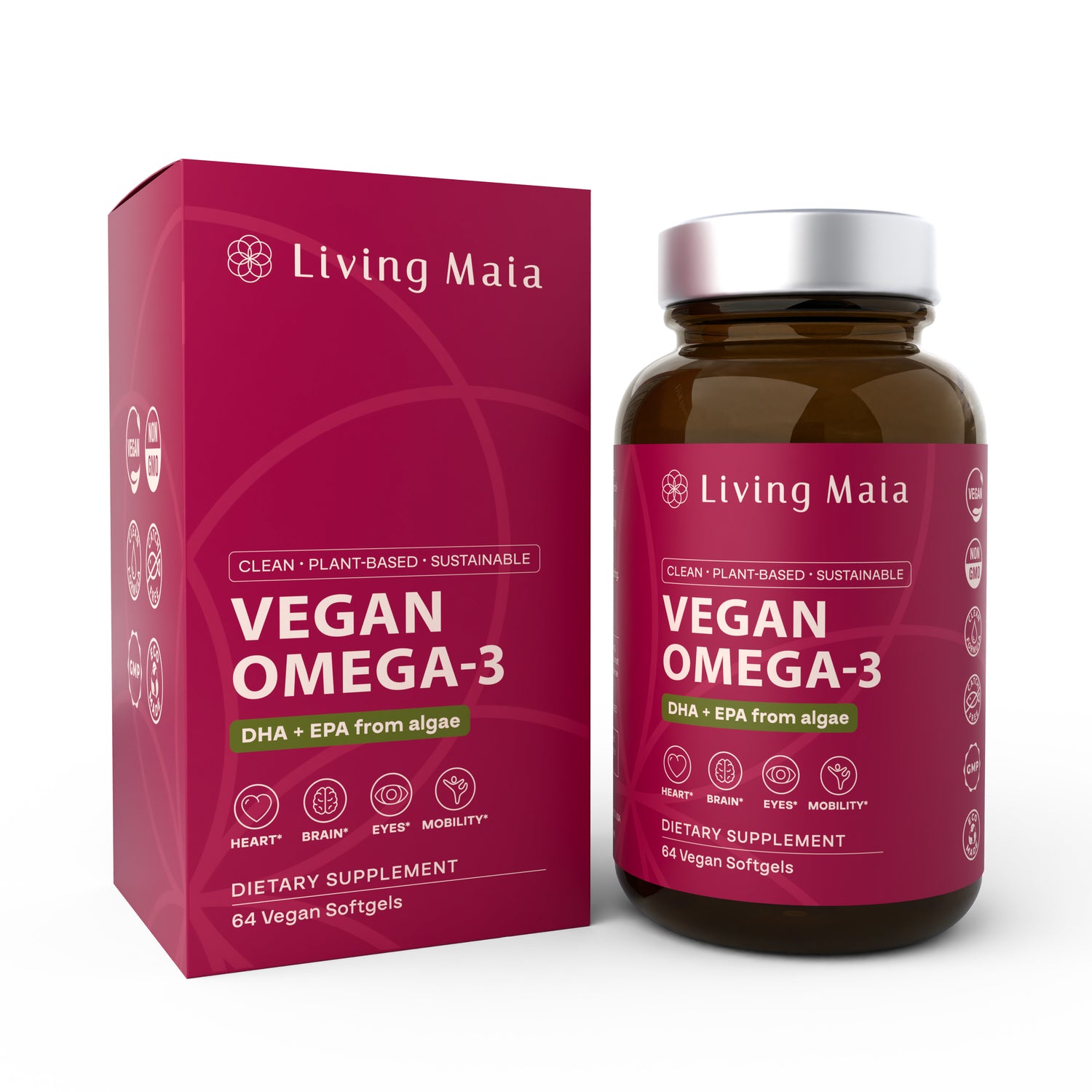 Living Maia Vegan Omega-3 supplement bottle and box, DHA and EPA from algae