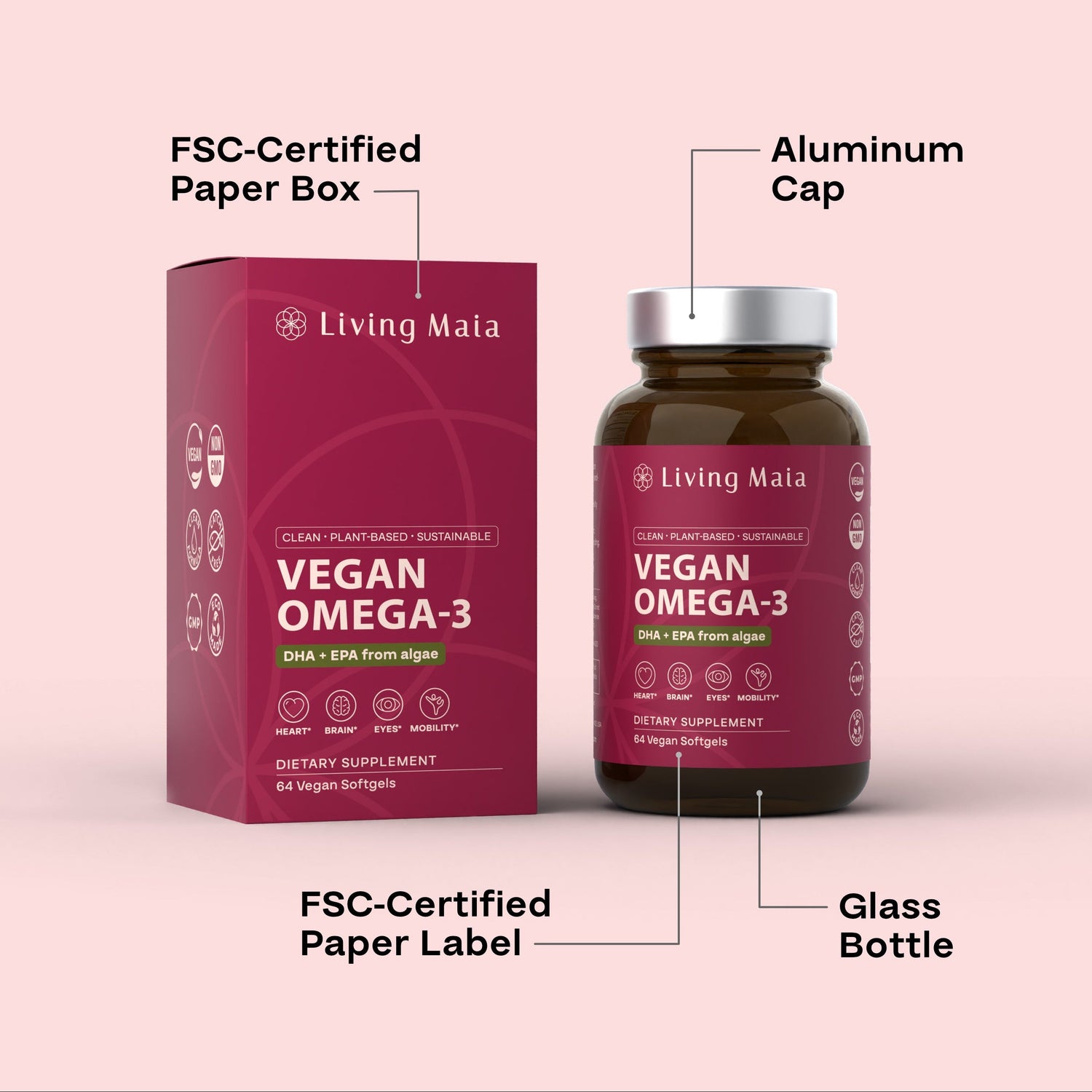 Vegan omega-3 supplement packaging with glass bottle, aluminum cap, and FSC-certified paper box and label