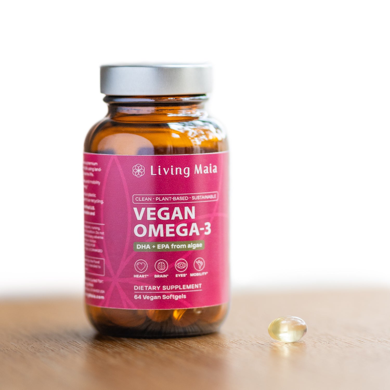 Vegan omega-3 softgels bottle with DHA and EPA from algae